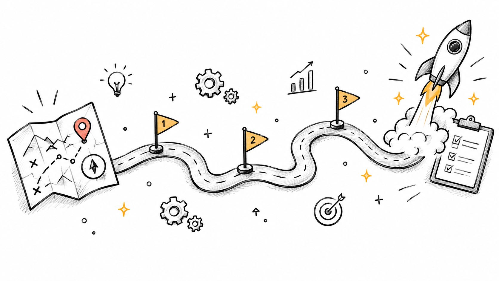A hand-drawn sketch illustrating a business roadmap process from planning and strategy to successful project launch.