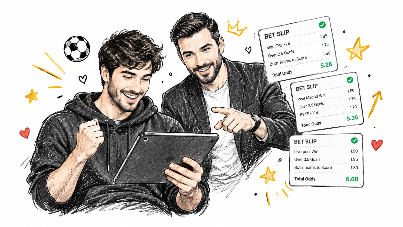 Two excited men reviewing sports betting slips on a digital tablet in a sketch art style.