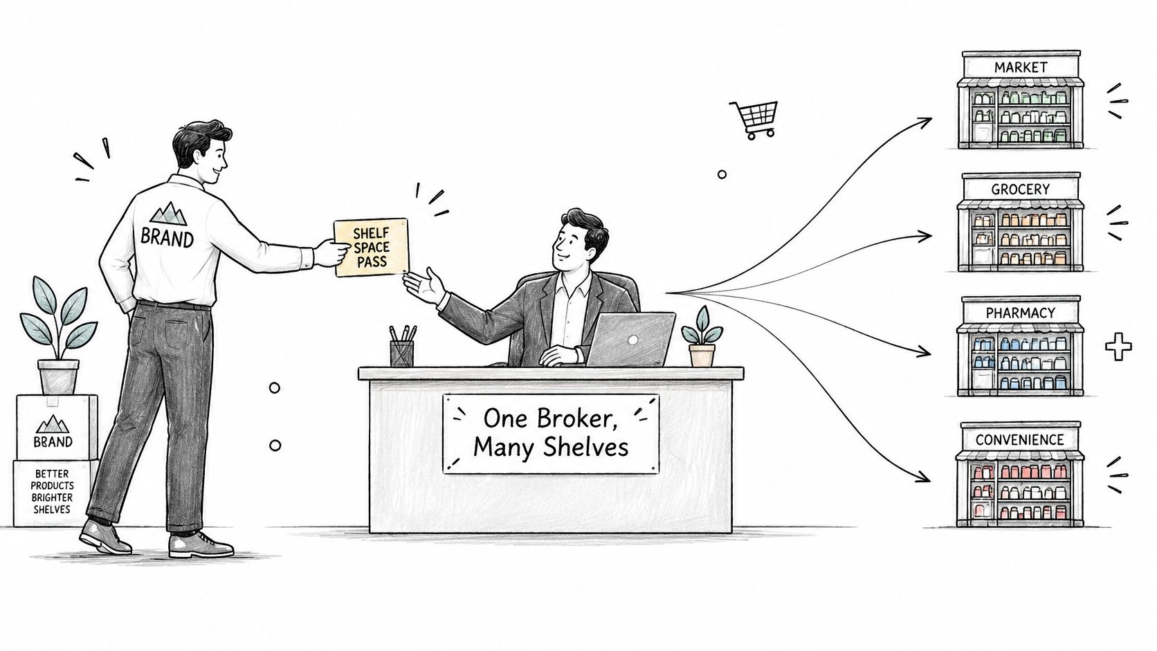 A brand representative hands a shelf space pass to a broker who connects products to various retail stores.