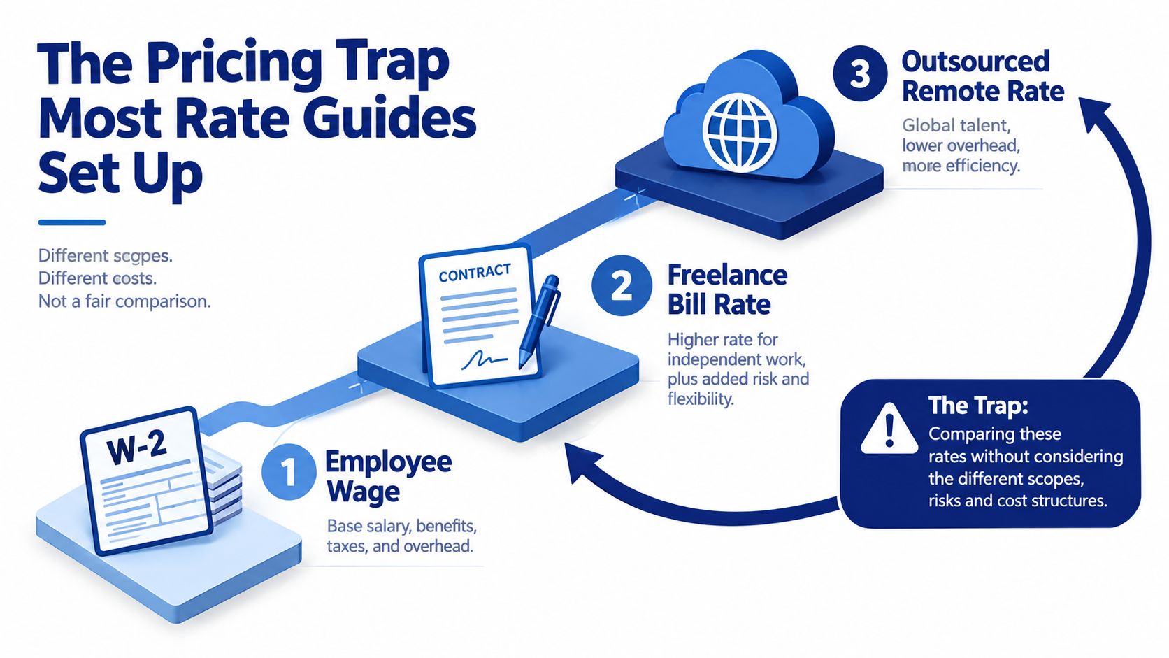An infographic showing the three types of rate structures: Employee Wage, Freelance Bill Rate, and Outsourced Remote Rate.