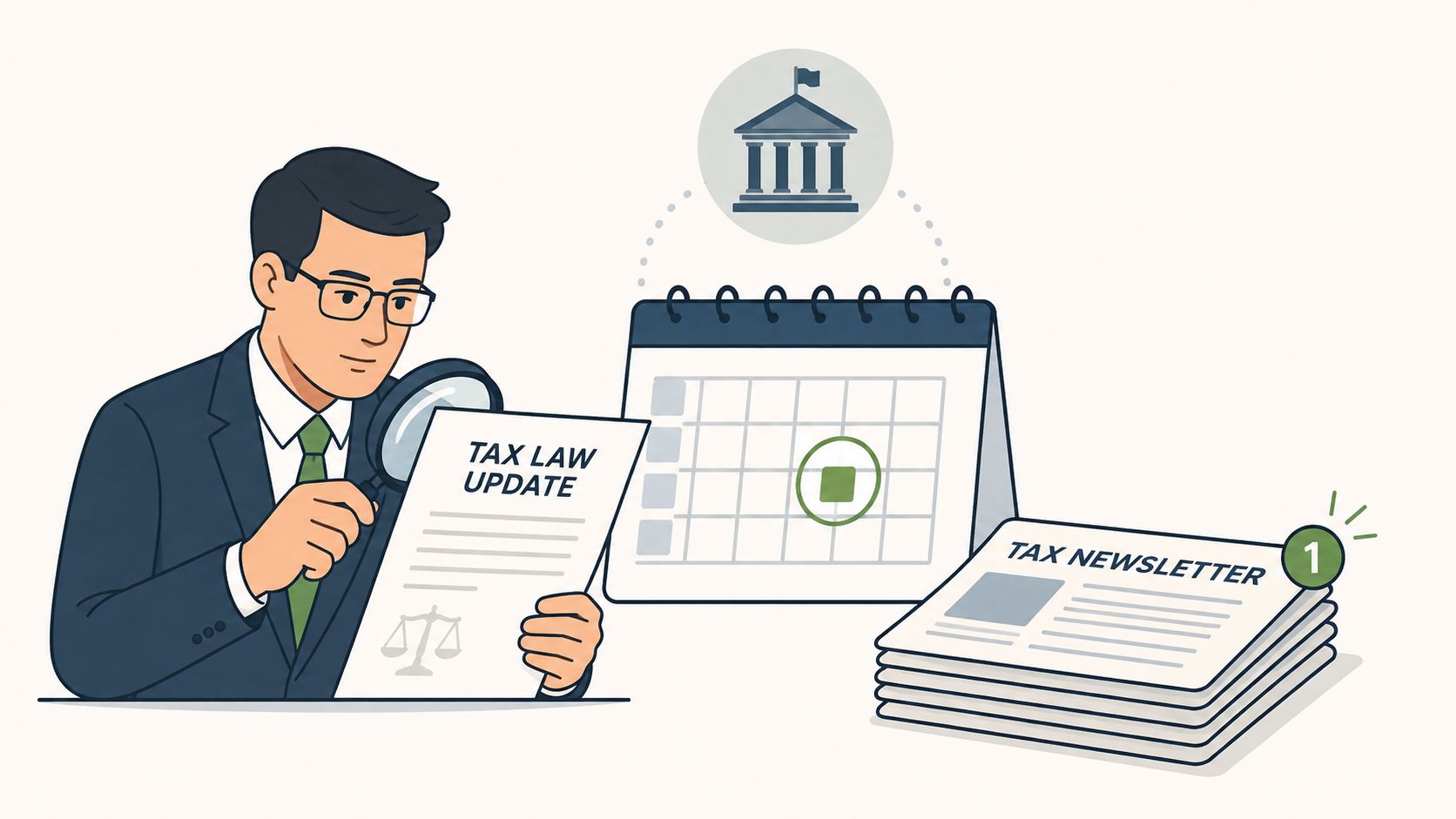 A professional man in a suit reading a tax law update document with a magnifying glass.