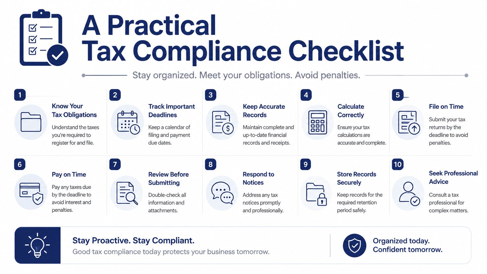 A 10-step checklist infographic illustrating practical tips for maintaining business tax compliance and organization.