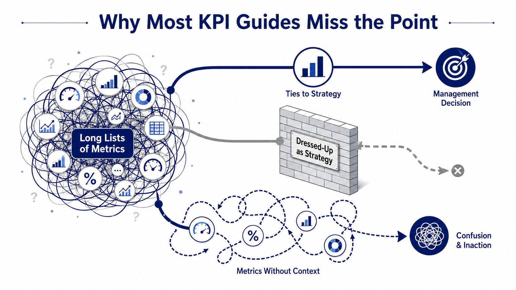 A diagram illustrating why most KPI guides fail by differentiating between strategic metrics and confusing data.