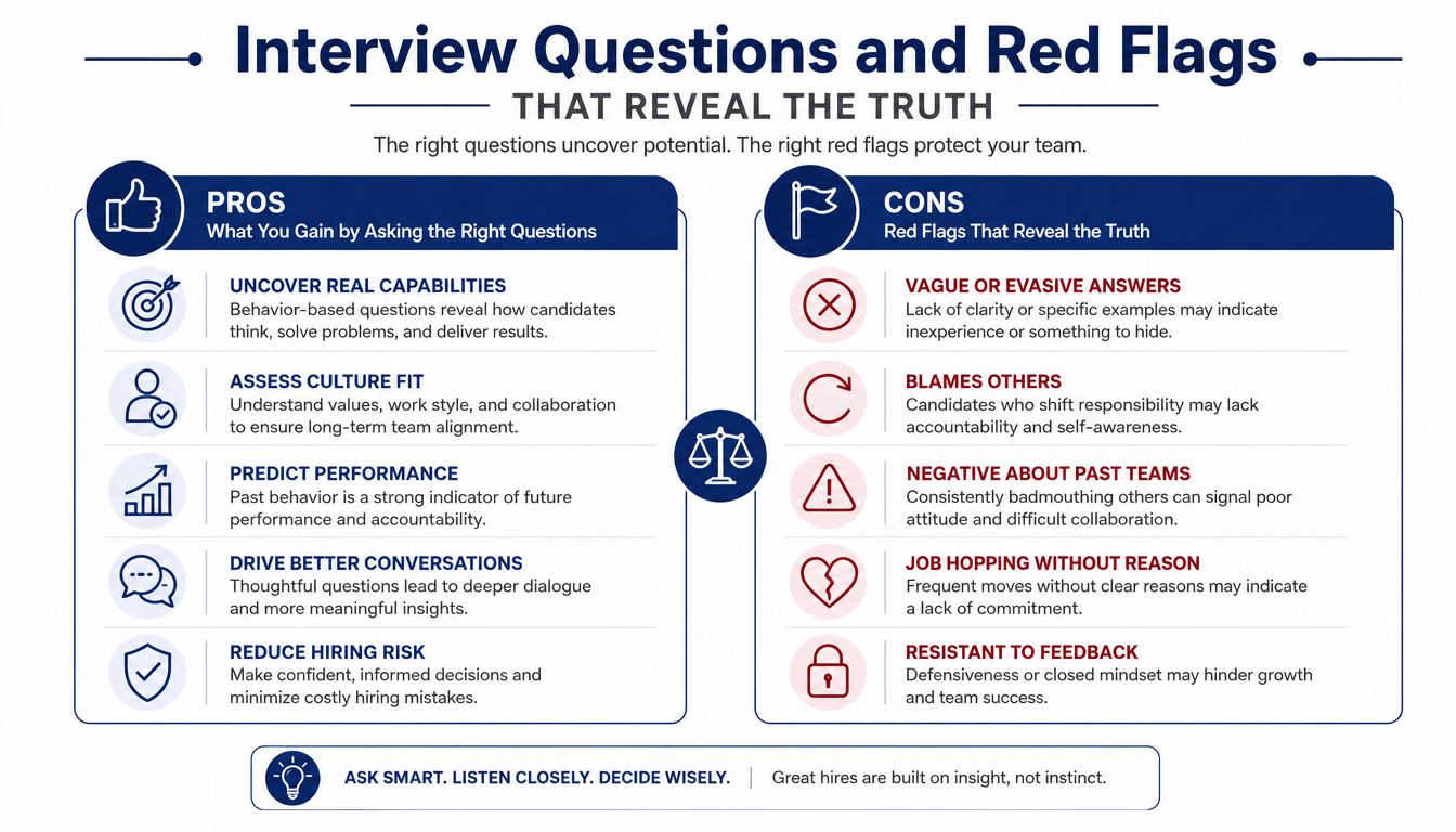 An infographic titled Interview Questions and Red Flags detailing benefits of effective questioning and warning signs.