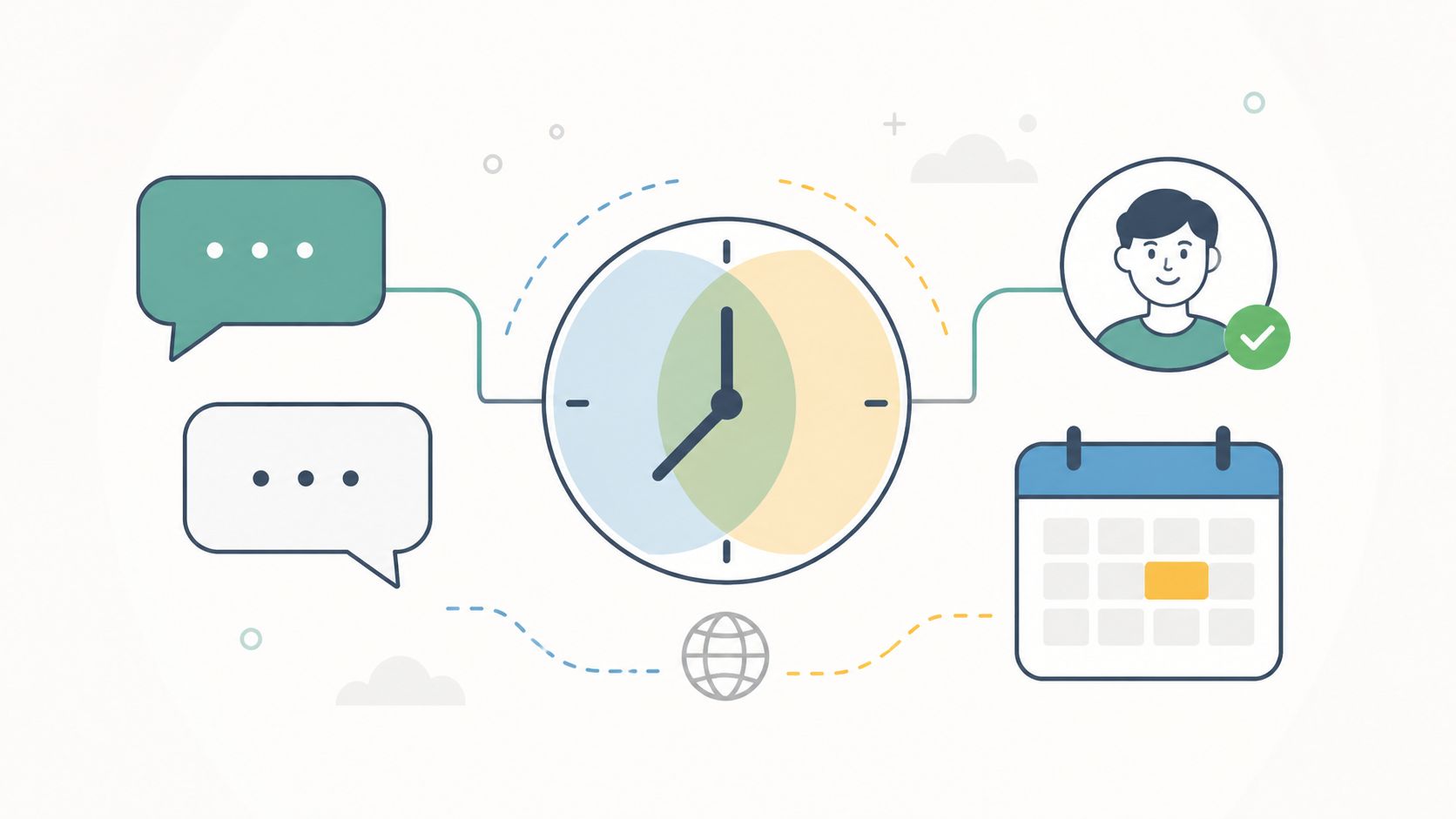 A digital illustration representing communication, scheduling, and time zone management for professional services and consultation.