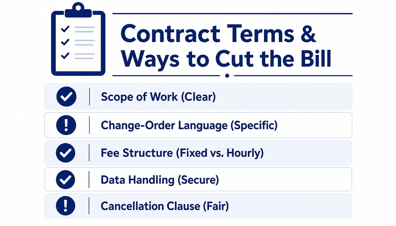 An infographic titled Contract Terms & Ways to Cut the Bill, showing key points for contract optimization.