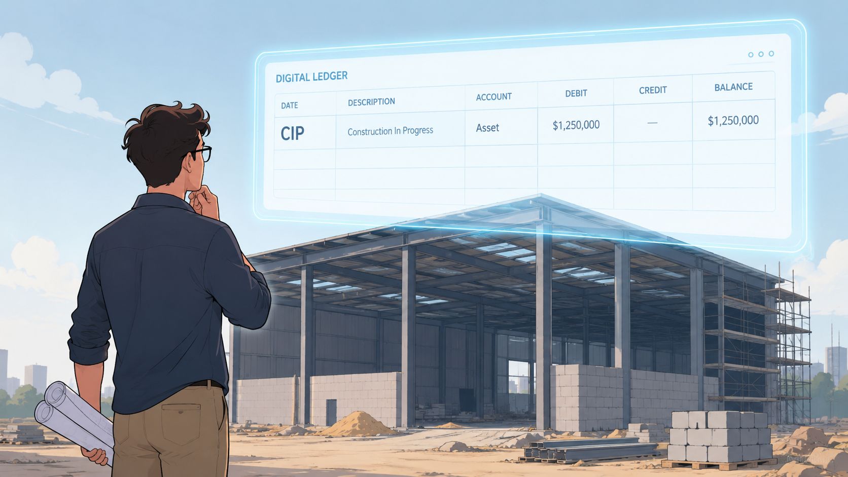 A professional surveying a construction site while a digital ledger displays a Construction In Progress asset account.