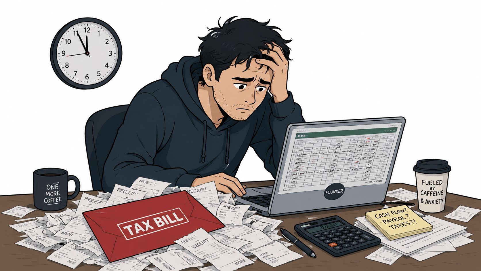 A stressed founder overwhelmed by tax bills, receipts, and financial calculations on a computer late at night.