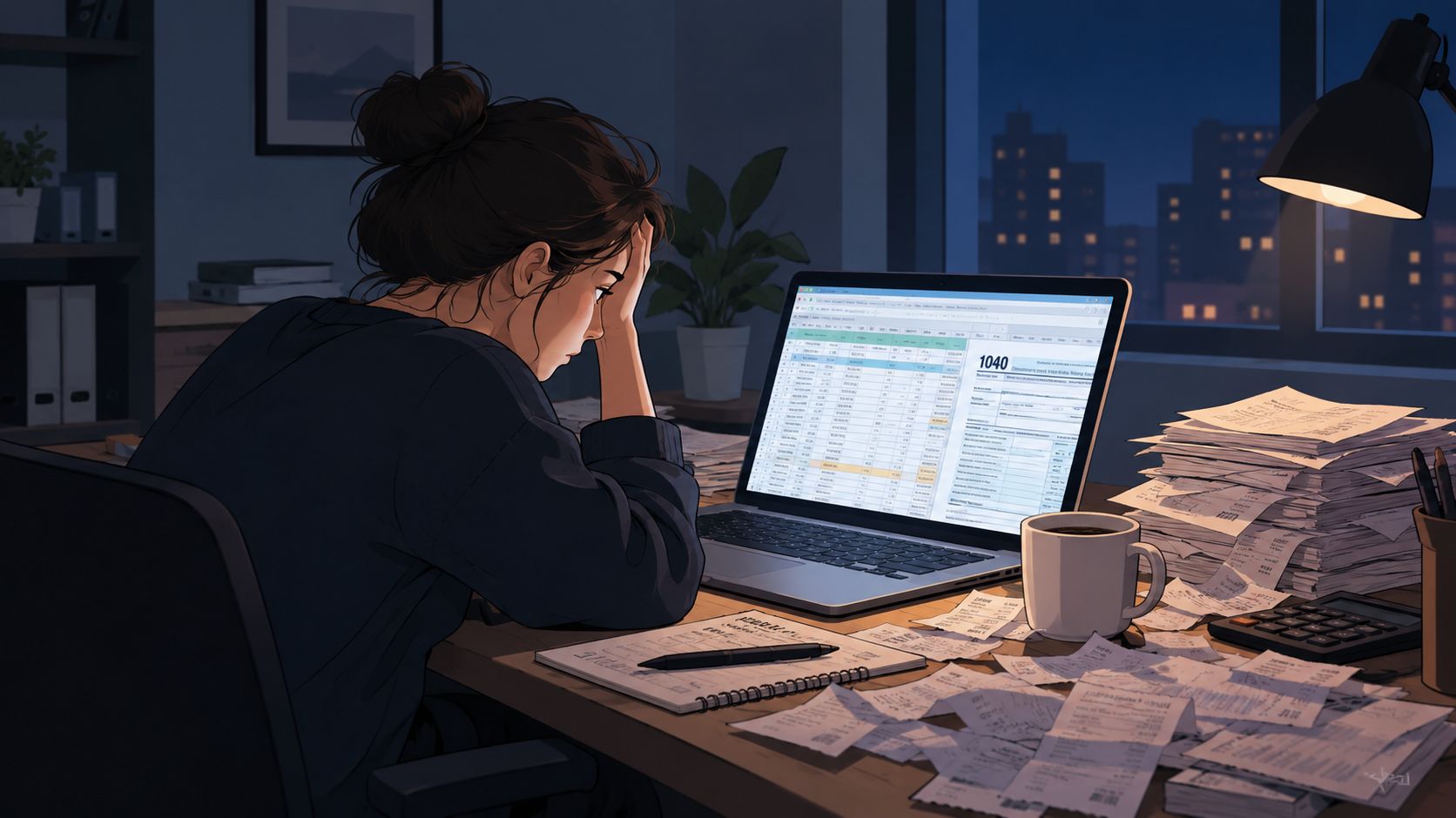 A tired woman sits at a desk late at night overwhelmed by paperwork and tax filing.