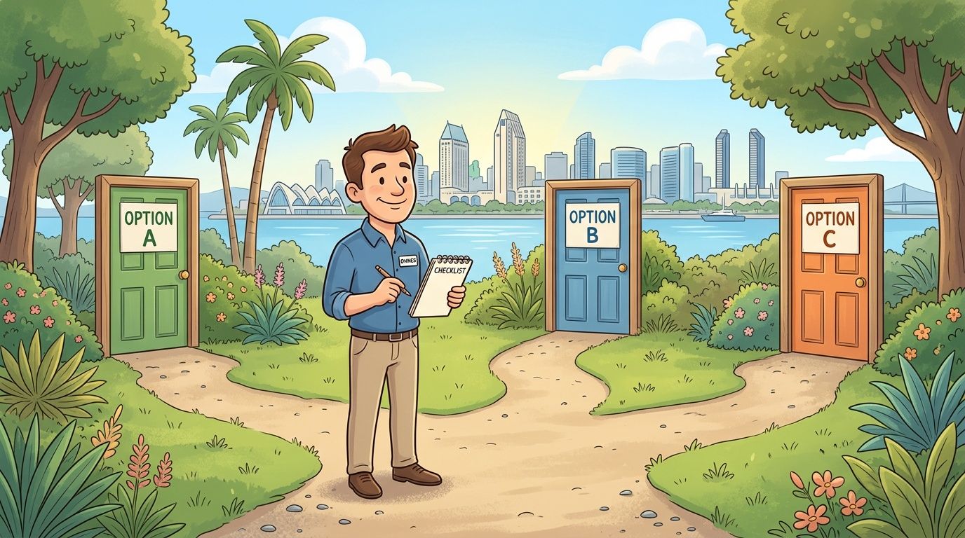 A professional man holding a checklist stands between three doors labeled Option A, B, and C.