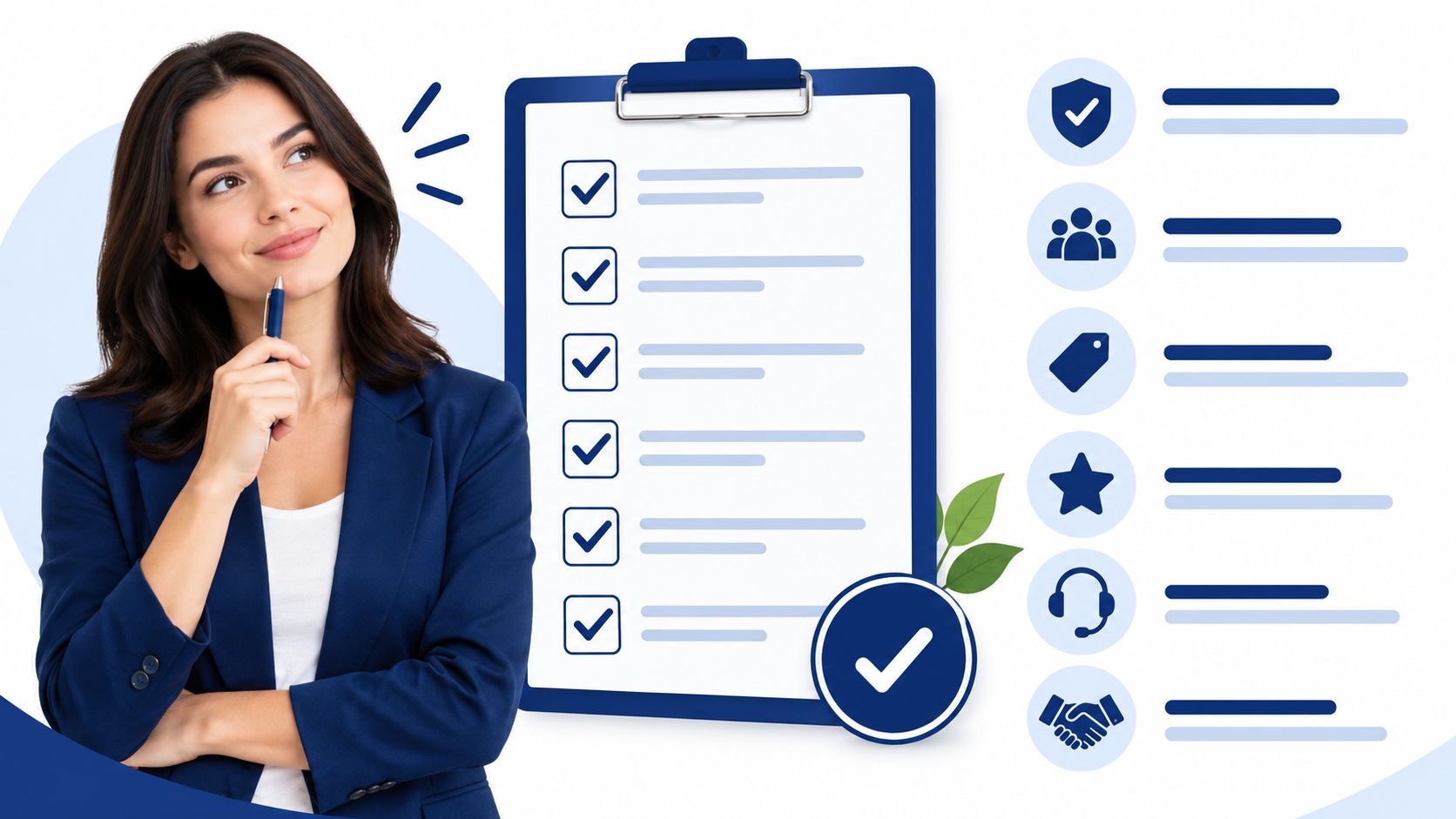 A professional woman thinking beside a clipboard with a checklist and icons representing business services.