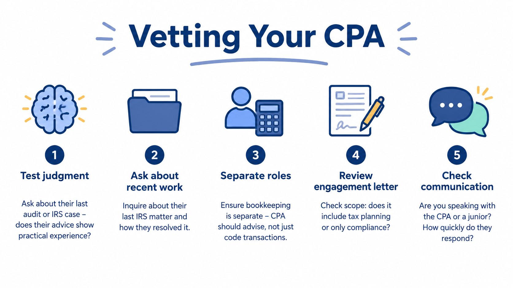 An infographic showing five steps for vetting a Certified Public Accountant, including testing judgment and checking communication.