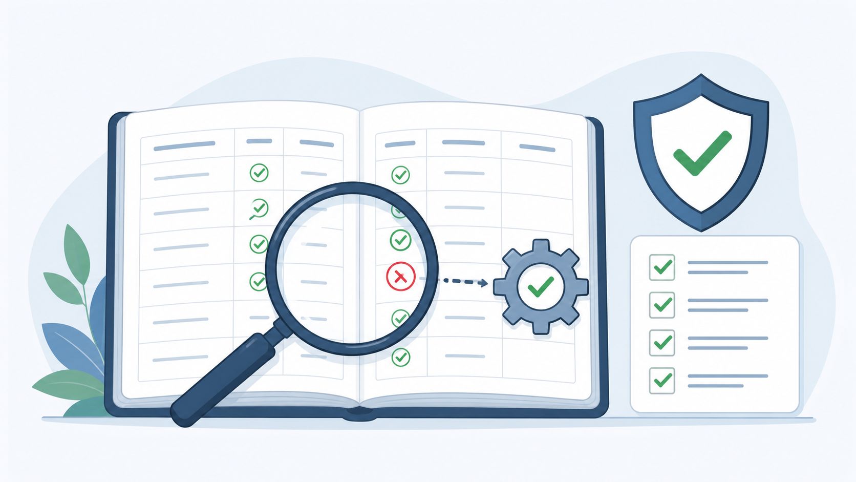A magnifying glass inspecting a checklist in an open book next to a protected shield icon.