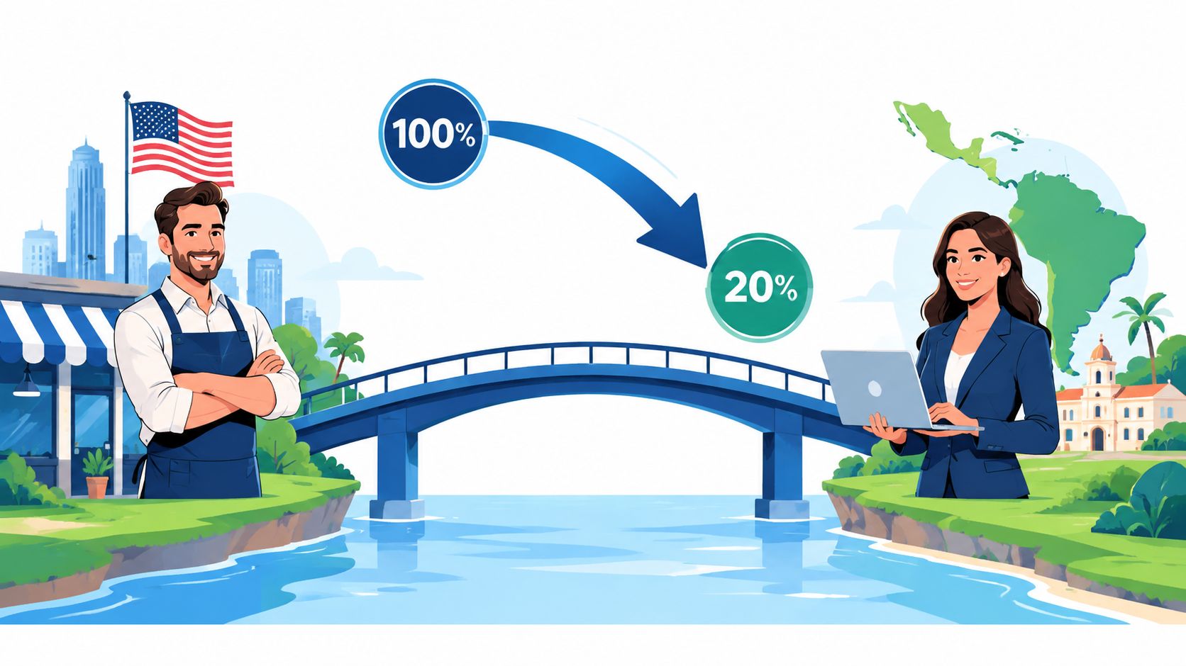 A professional illustration showing a US business owner transitioning tasks to a Latin American accountant with cost reduction.