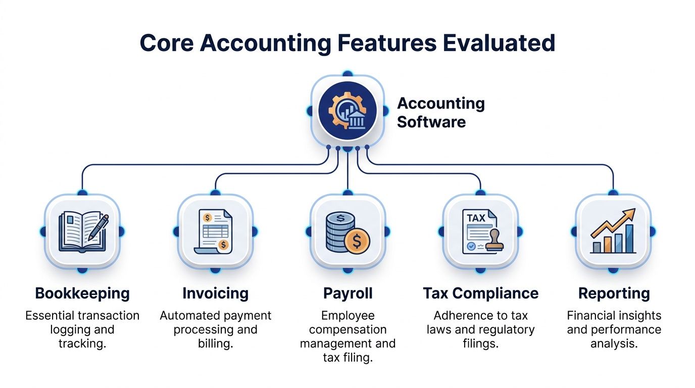 A diagram illustrating the core accounting software features including bookkeeping, invoicing, payroll, tax compliance, and reporting functions.