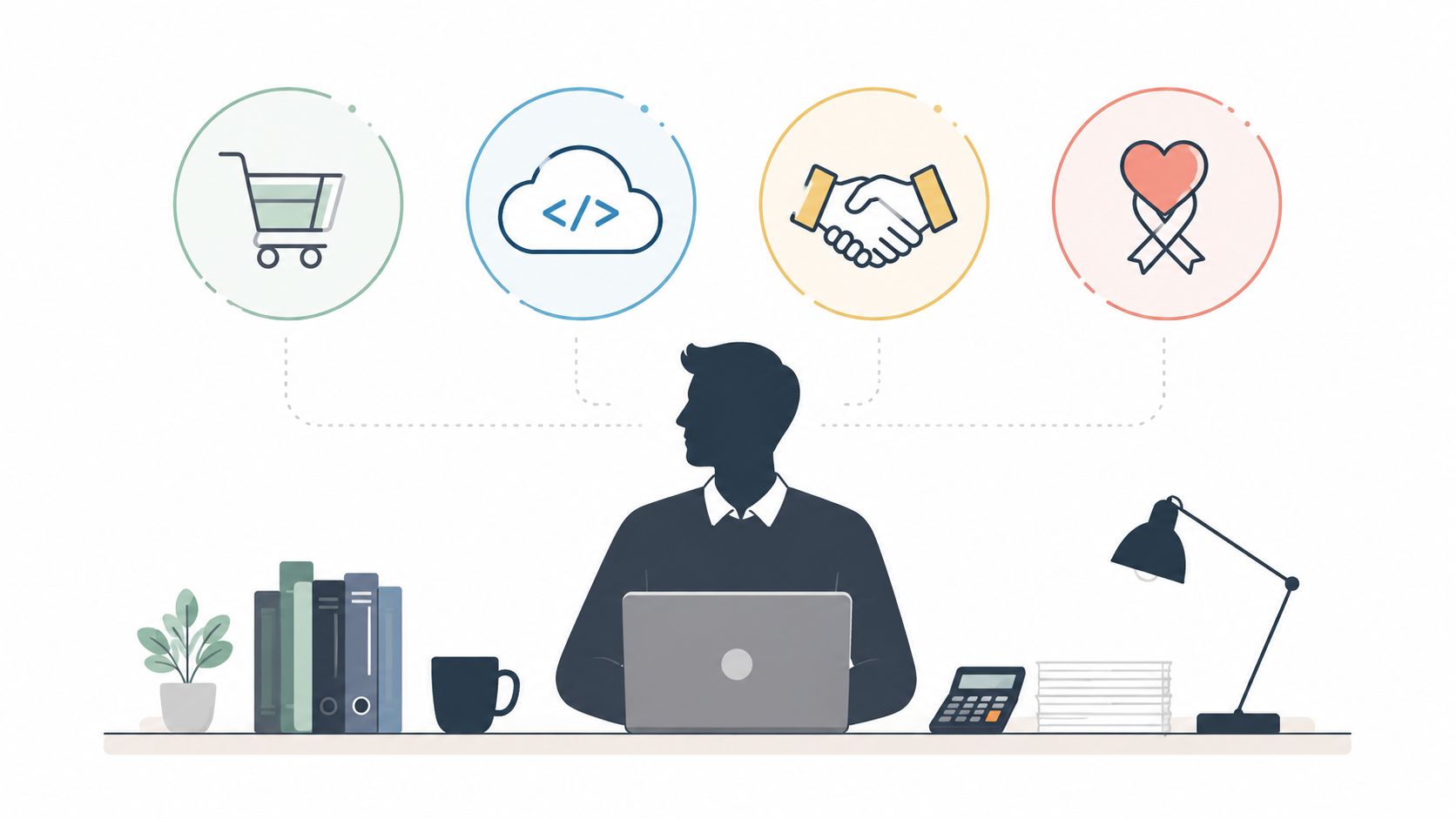 A silhouette of a professional sitting at a desk with a laptop, icons, and office supplies.