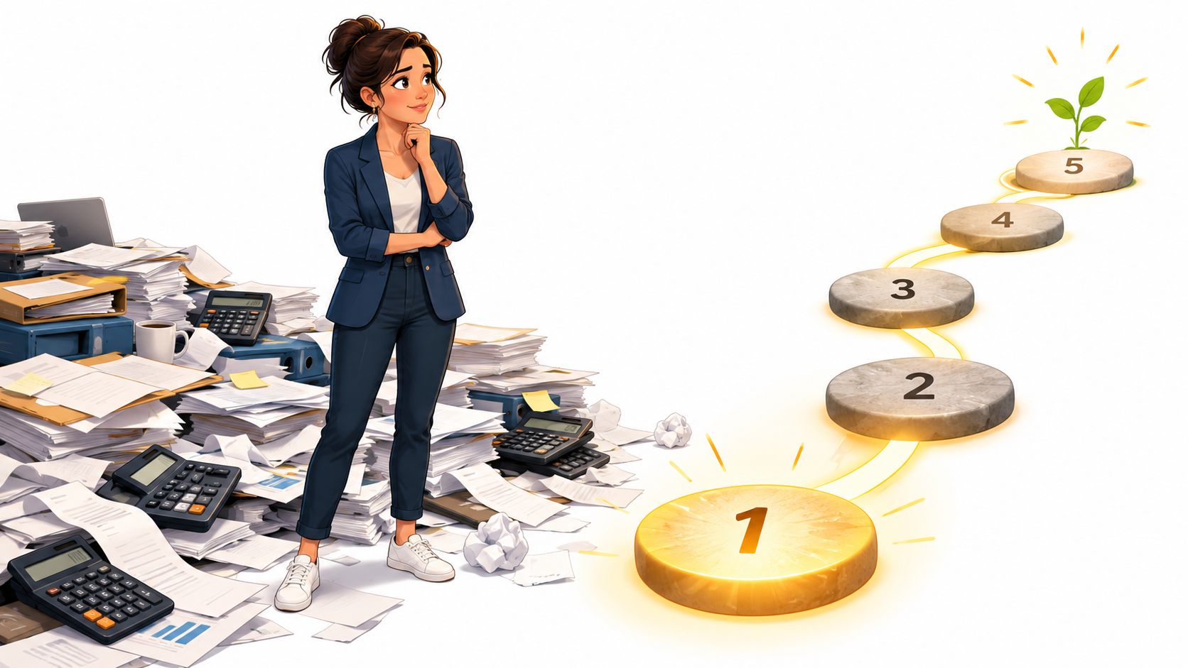A professional woman standing amidst messy paperwork looking towards a five-step path towards business growth.