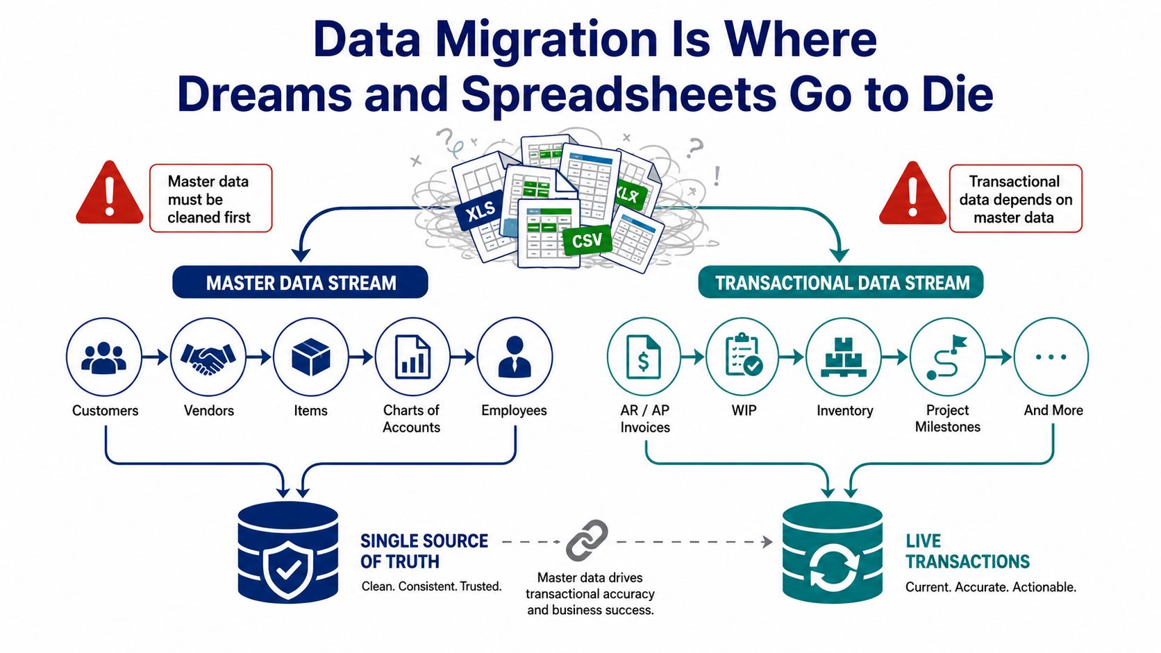 A diagram illustrating how master and transactional data streams from spreadsheets feed into an ERP system.