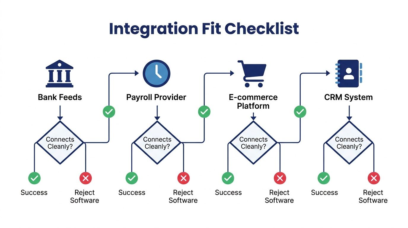 A flowchart titled Integration Fit Checklist illustrating the process of vetting software connections for various business systems.