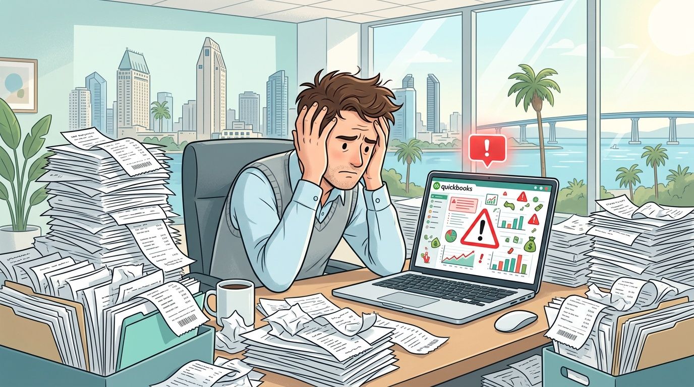 A stressed accountant sitting at a cluttered desk overwhelmed by stacks of paperwork and error notifications.