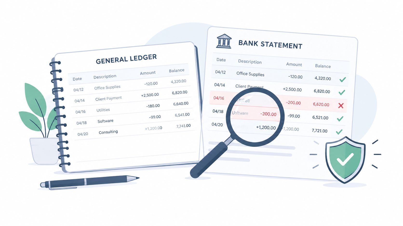 A magnifying glass inspecting discrepancies between a general ledger and a bank statement on a desk.