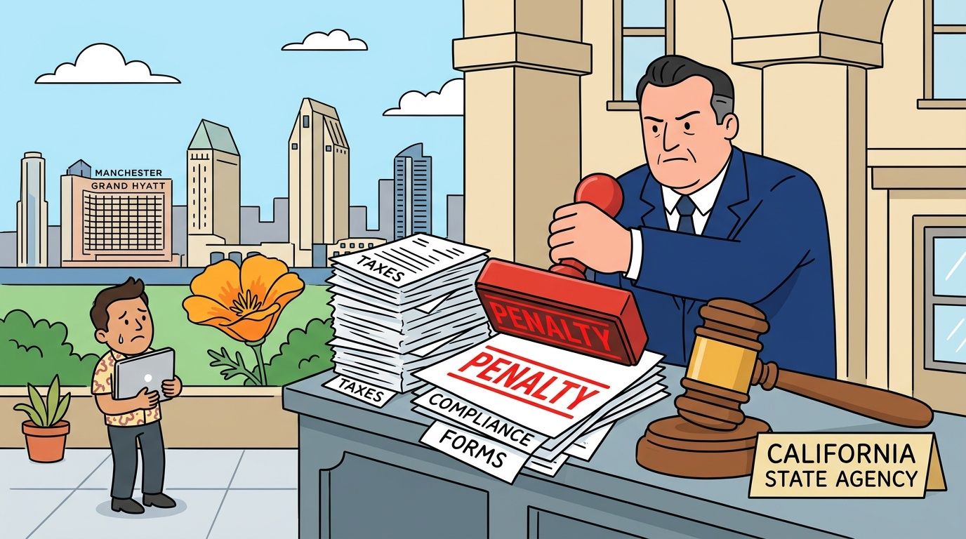 A frustrated business owner standing before a California state official stamping penalty notices on tax documents.