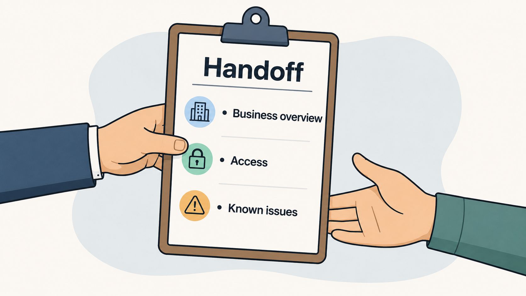 One person hands a clipboard with an onboarding checklist to another person in a professional office setting.