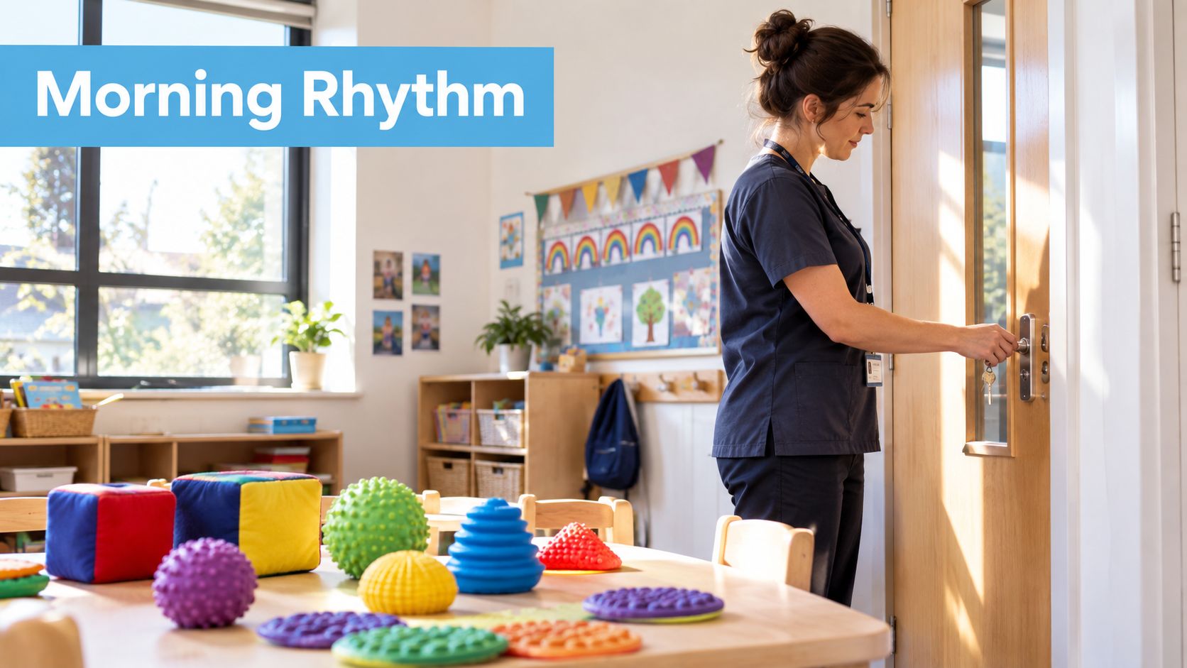 An early years practitioner unlocking a classroom door in a sunny, colorful preschool setting.