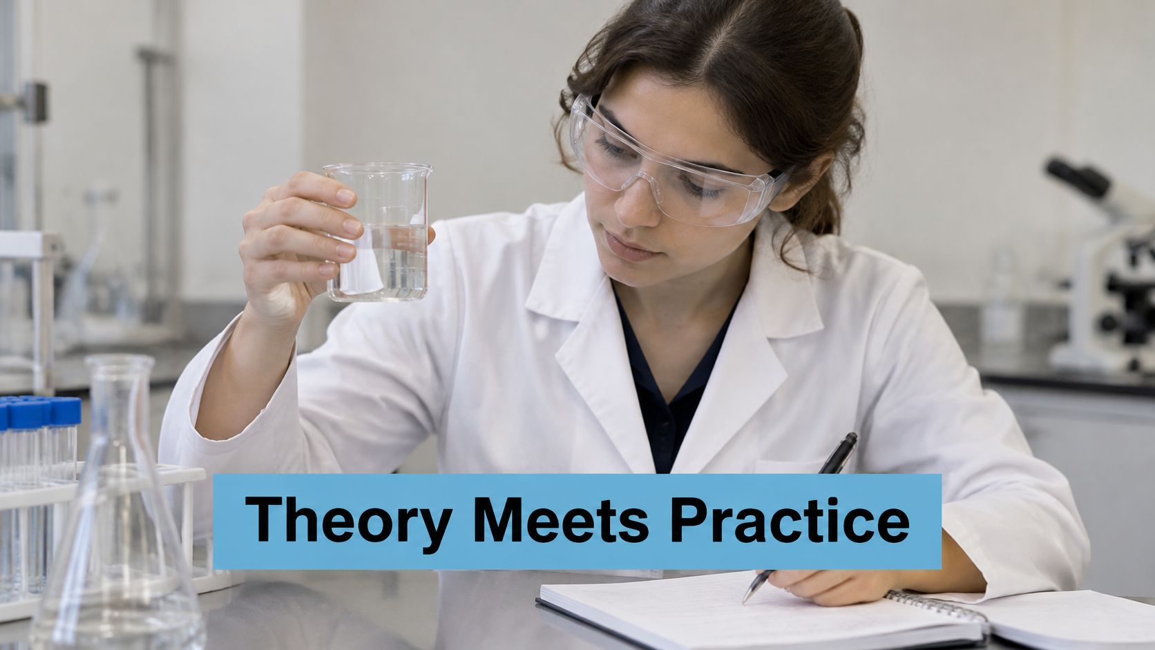 A female scientist in a lab coat and safety goggles examining a beaker and taking notes.