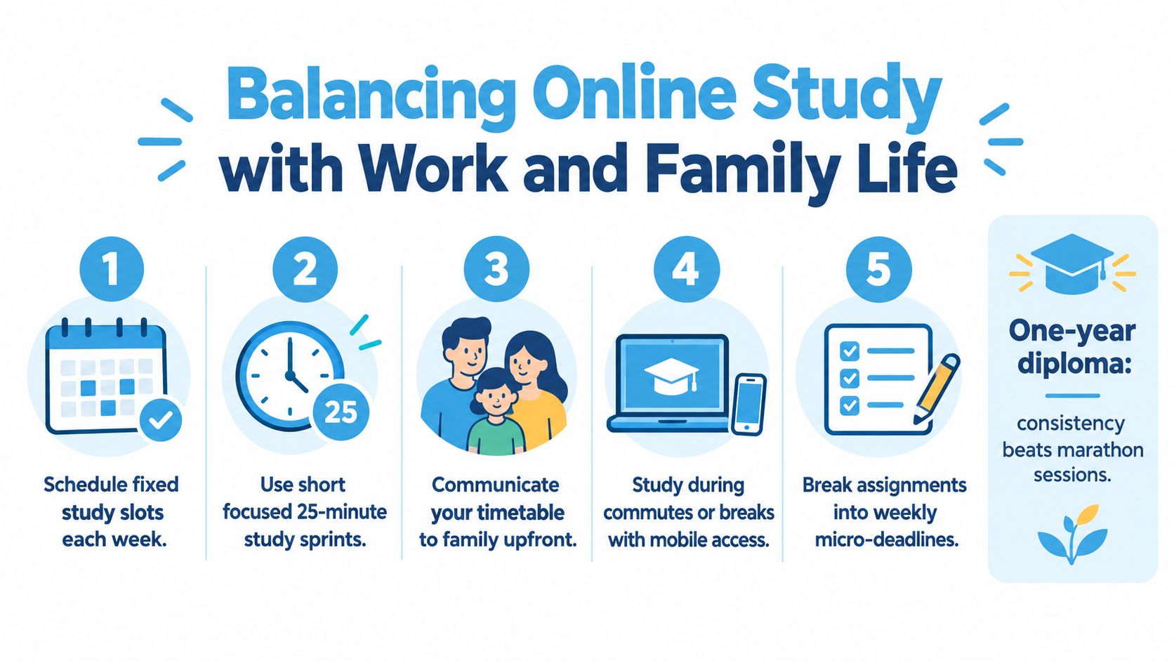An infographic illustrating five practical tips for balancing online study with work and family life commitments.