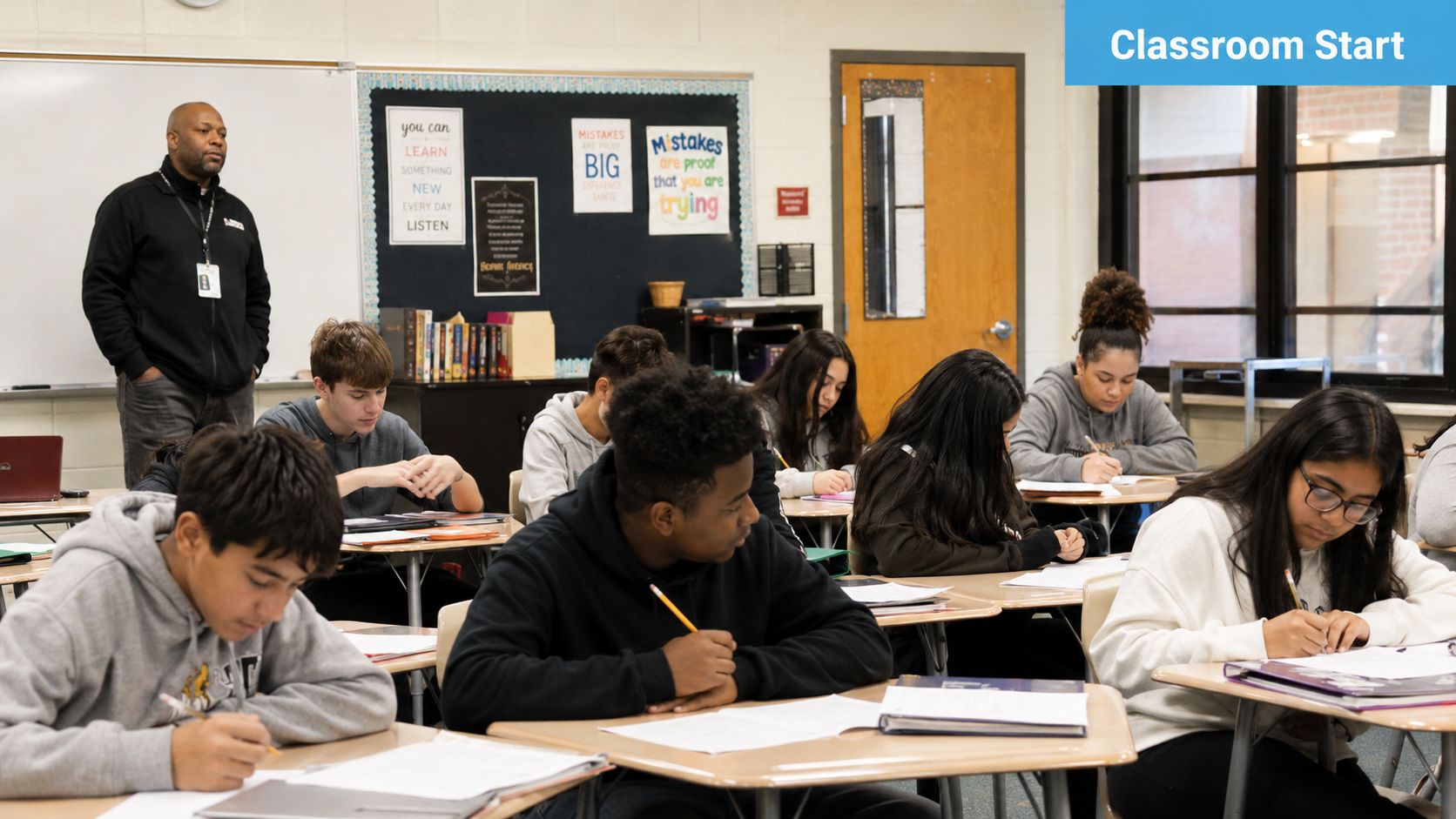 A classroom scene with a teacher standing in front of students who are busy writing at desks.