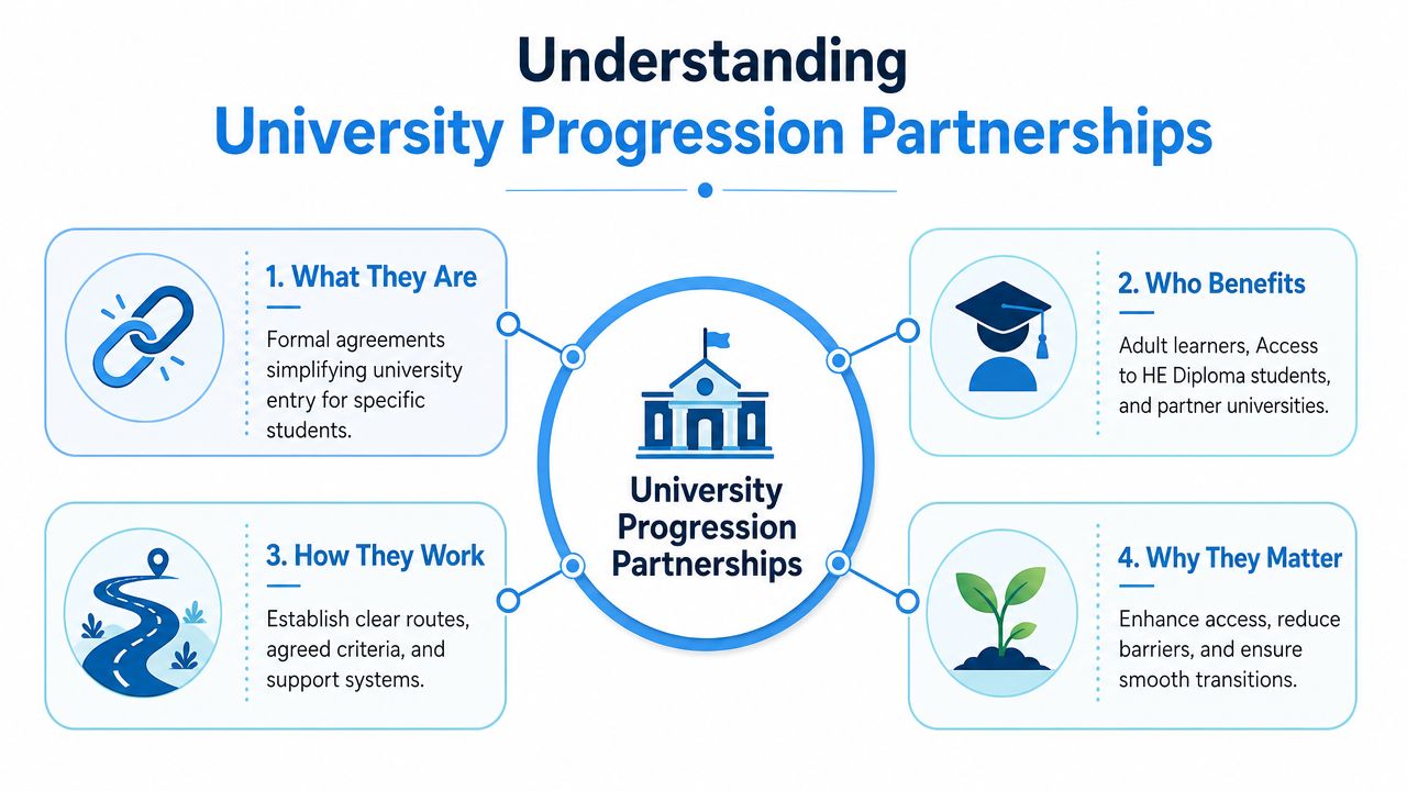 An infographic titled Understanding University Progression Partnerships detailing their definition, beneficiaries, operational structure, and overall importance.