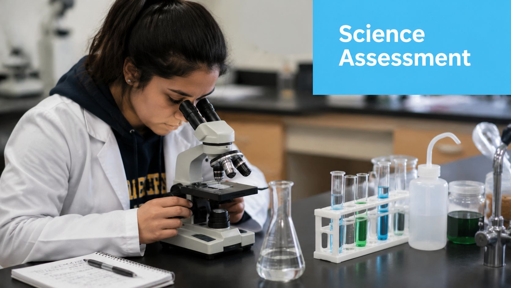 A female student in a white lab coat uses a microscope to analyze samples during a science class.