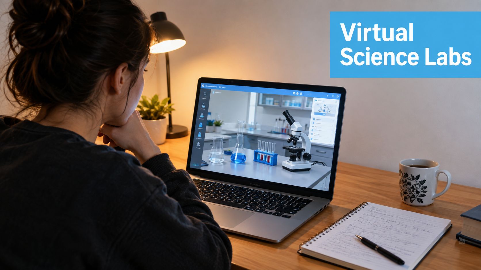 A student using a laptop to participate in a virtual science laboratory simulation from home.
