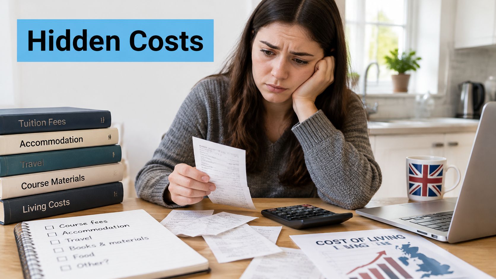 A concerned student reviewing financial receipts and expenses while studying online at a wooden table.