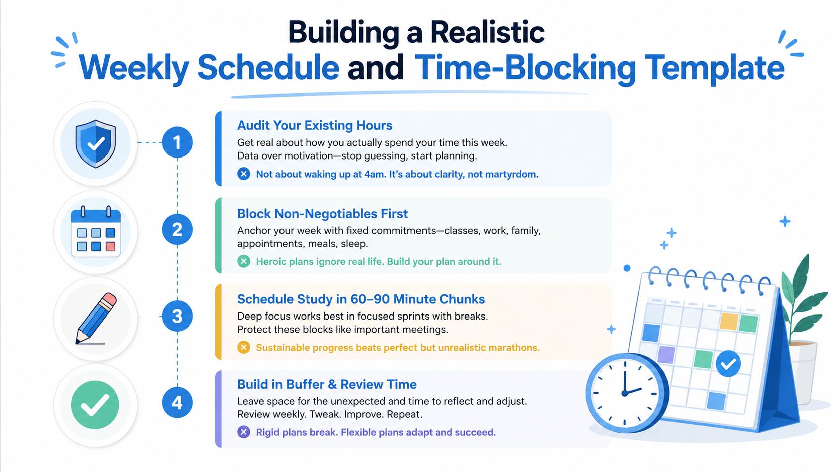 An infographic outlining four steps for building a realistic weekly schedule and effective time-blocking template for productivity.