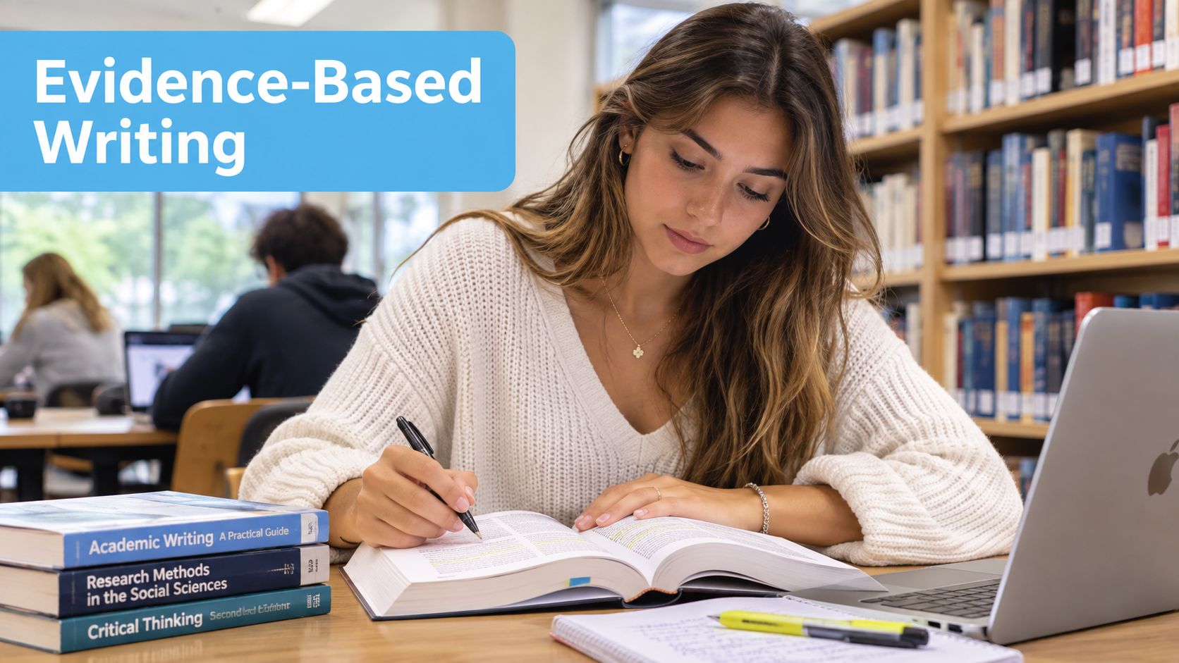A female student with long brown hair studying in a quiet library surrounded by textbooks and laptop.