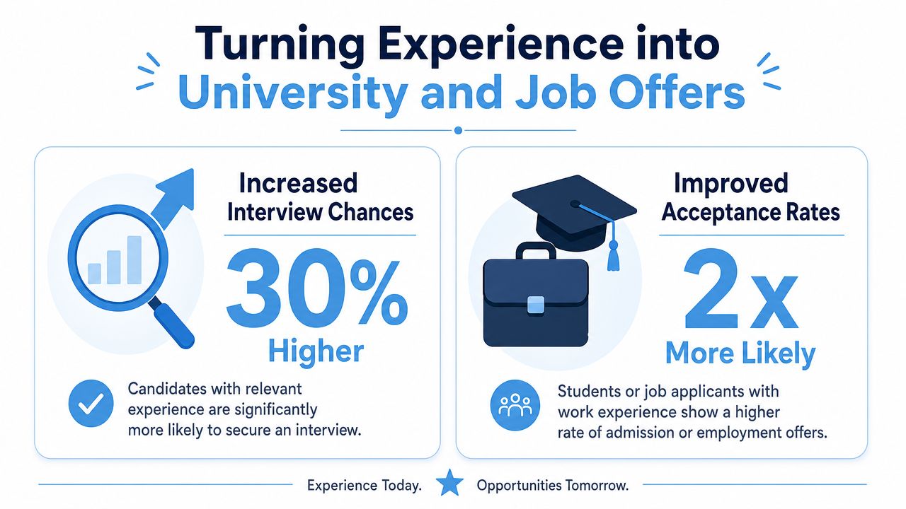 An infographic showing that relevant work experience significantly increases chances for university admissions and job interview invitations.