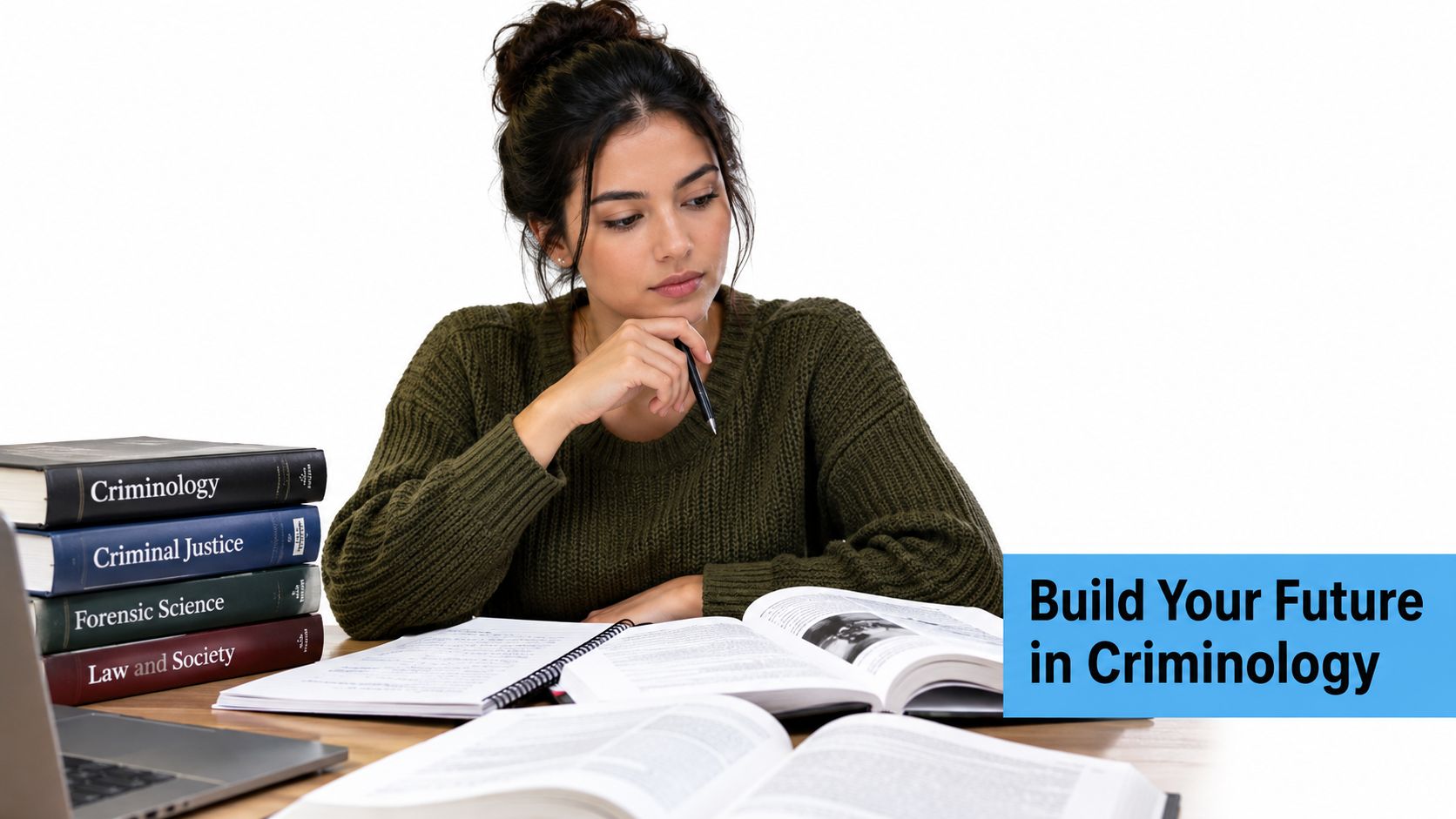 A young female student studying books on criminology and law while sitting at a desk.