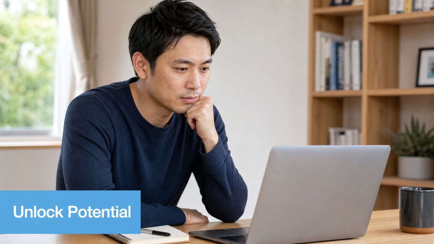 A focused Asian man working on his laptop at a desk with a notebook and coffee.