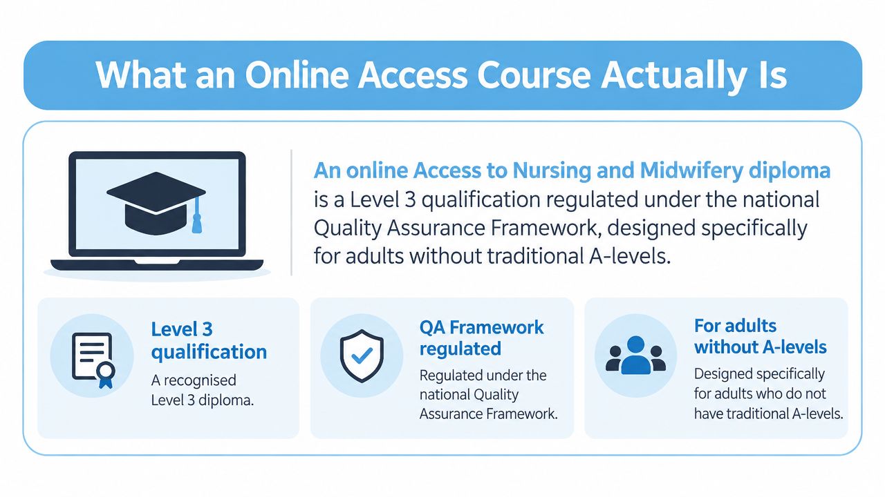 An infographic explaining that an online Access to Nursing and Midwifery diploma is a Level 3 qualification.
