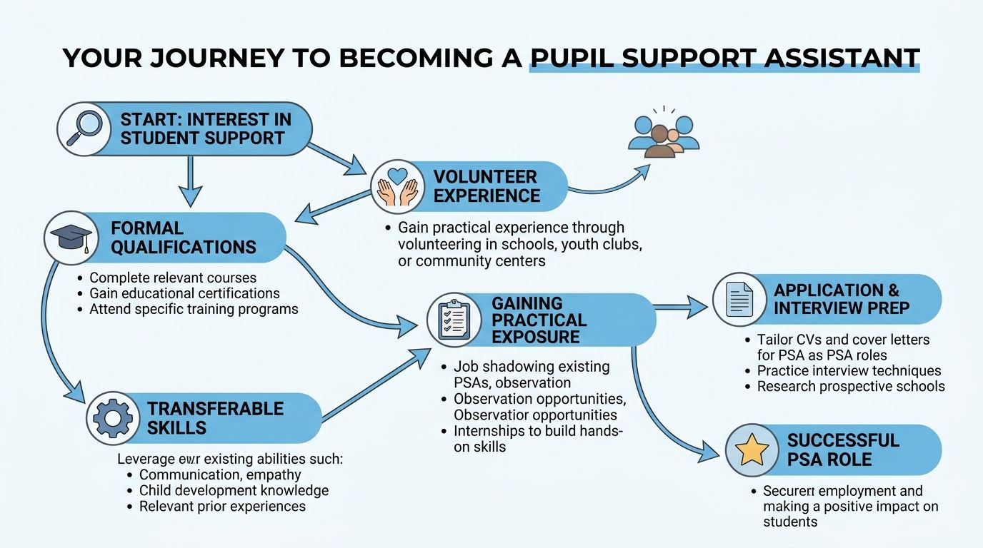 A flowchart diagram illustrating the steps and career path to becoming a professional pupil support assistant.
