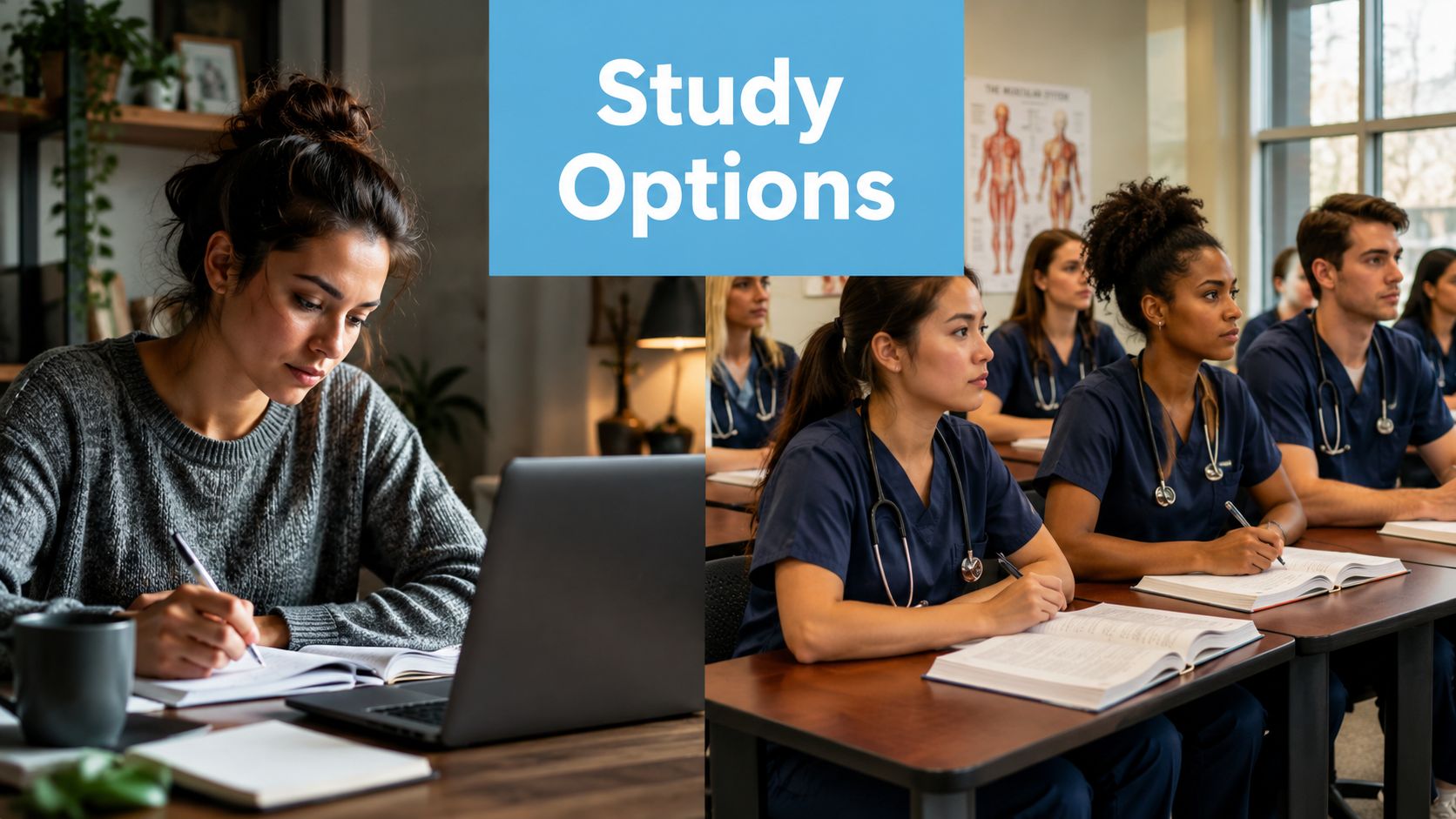 A split image showing a student studying alone at a desk and nursing students in a classroom.