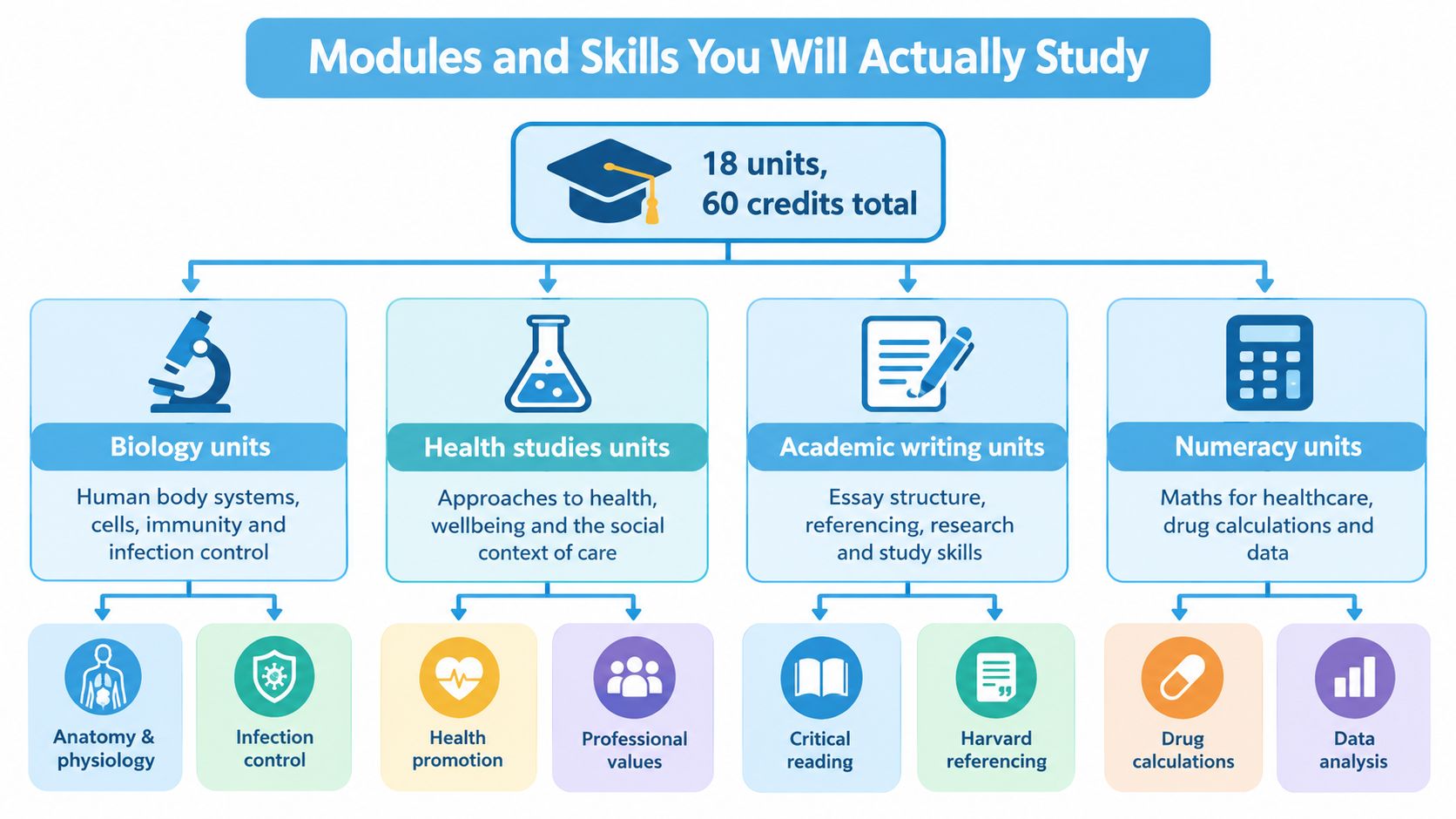 A flowchart detailing the 18 units and 60 credits of an online nursing access to higher education course.