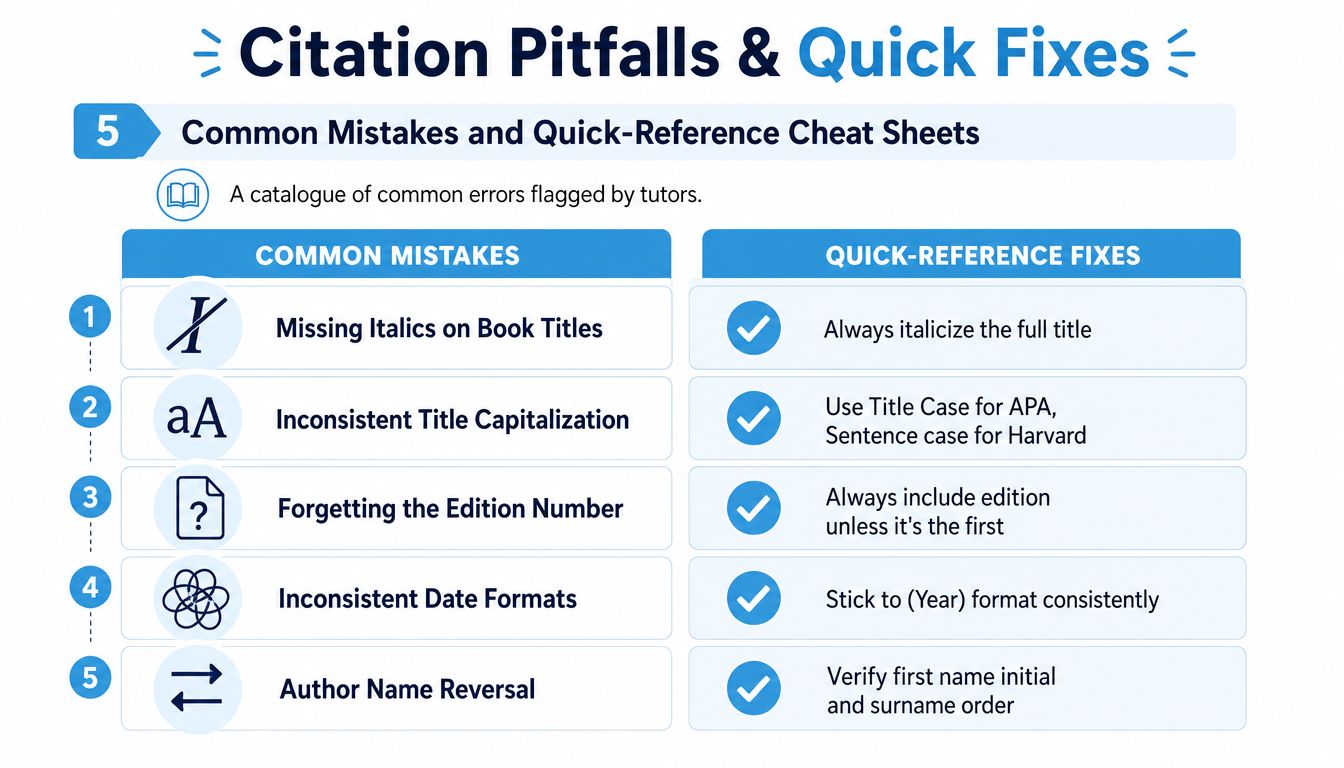 An infographic titled Citation Pitfalls and Quick Fixes, listing five common referencing errors and their solutions.