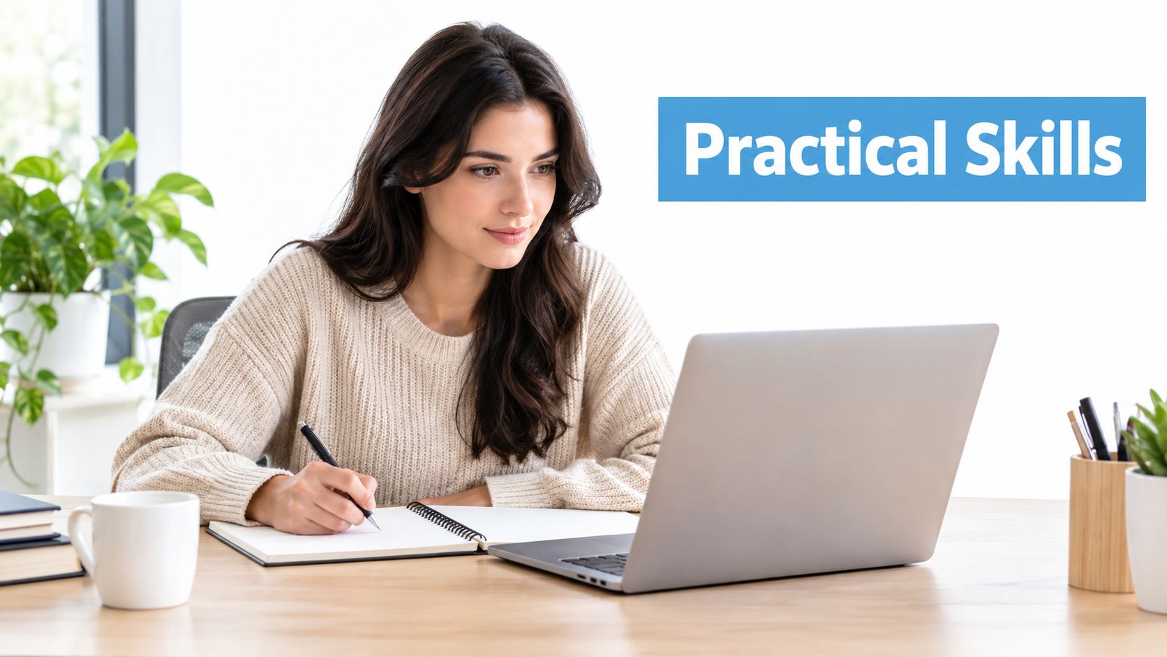 A young woman sits at a wooden desk with a laptop and notebook, developing functional skills.