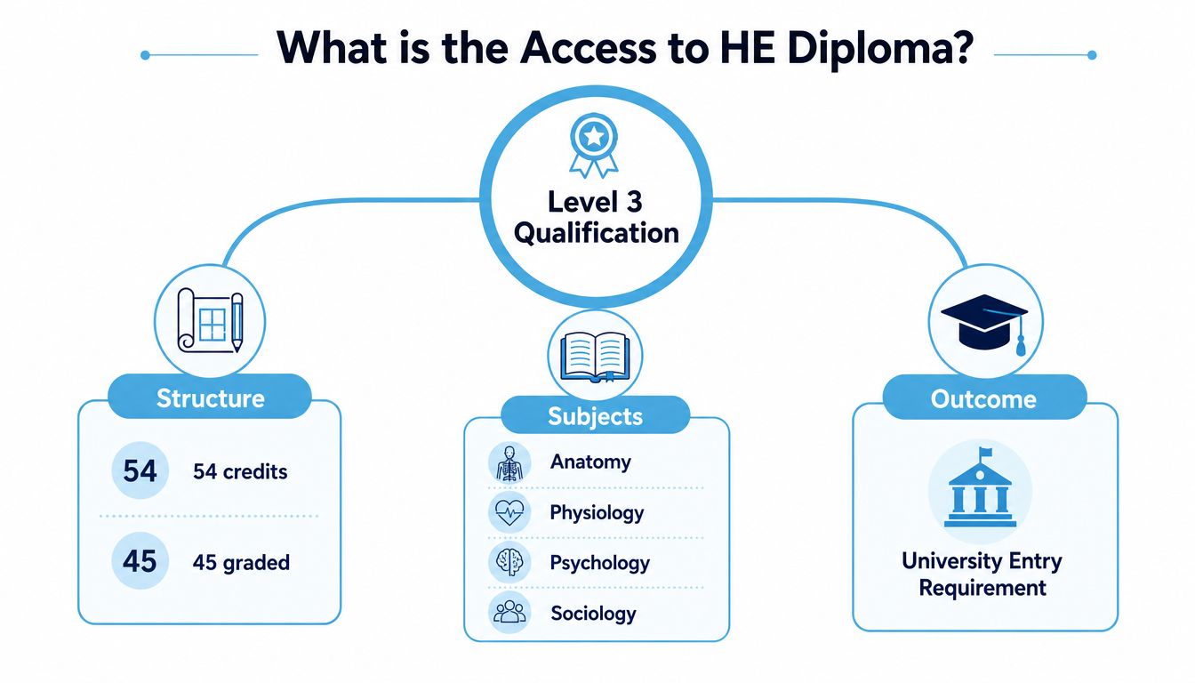 A diagram outlining the structure, subjects, and university entry requirements of an Access to Higher Education Diploma.