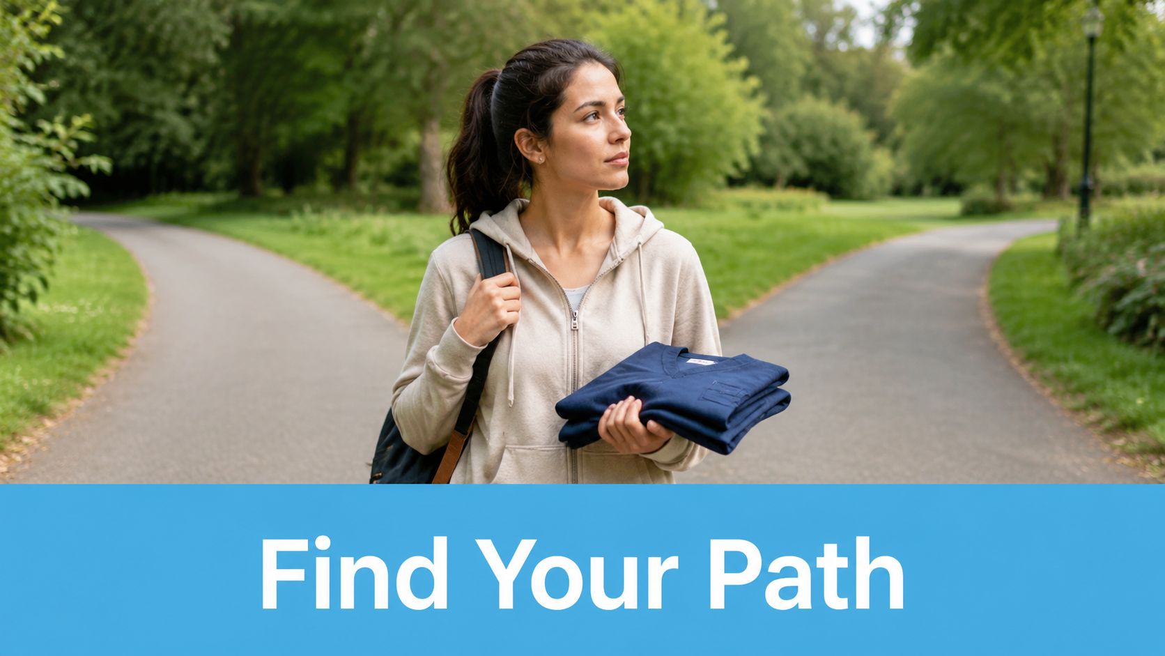 A young woman standing at a park path fork, holding nursing scrubs and looking for direction.