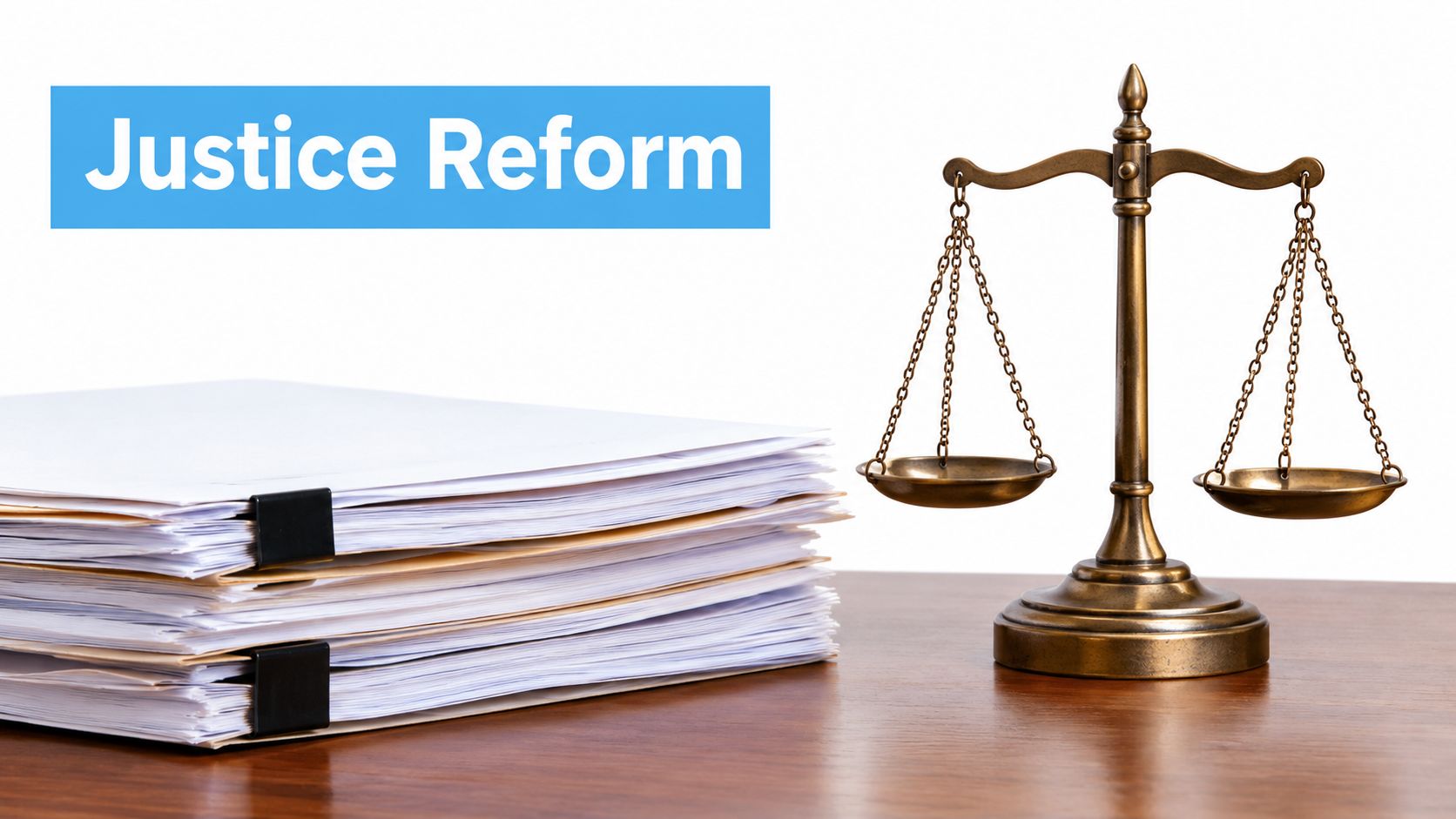 A stack of documents with a binder clip sits next to a traditional metal scales of justice.