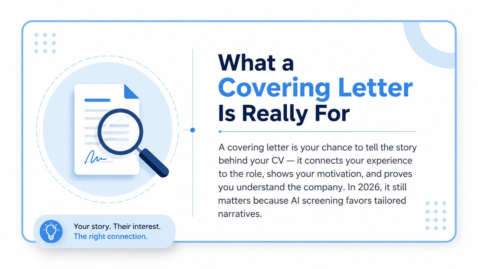 An infographic explaining the purpose of a covering letter with an illustration of a document and magnifying glass.